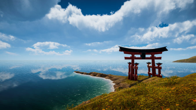 Japanese traditional gate Torii, symbol of Shintoism .Natural landscape 3D render