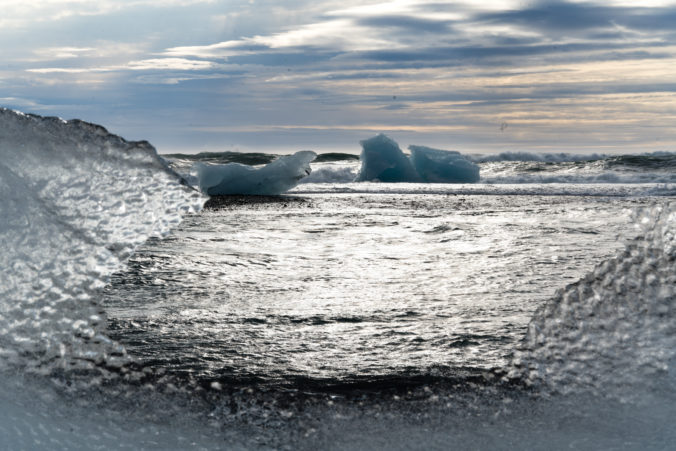 View on the Diomond beach in iceland through the ice piece