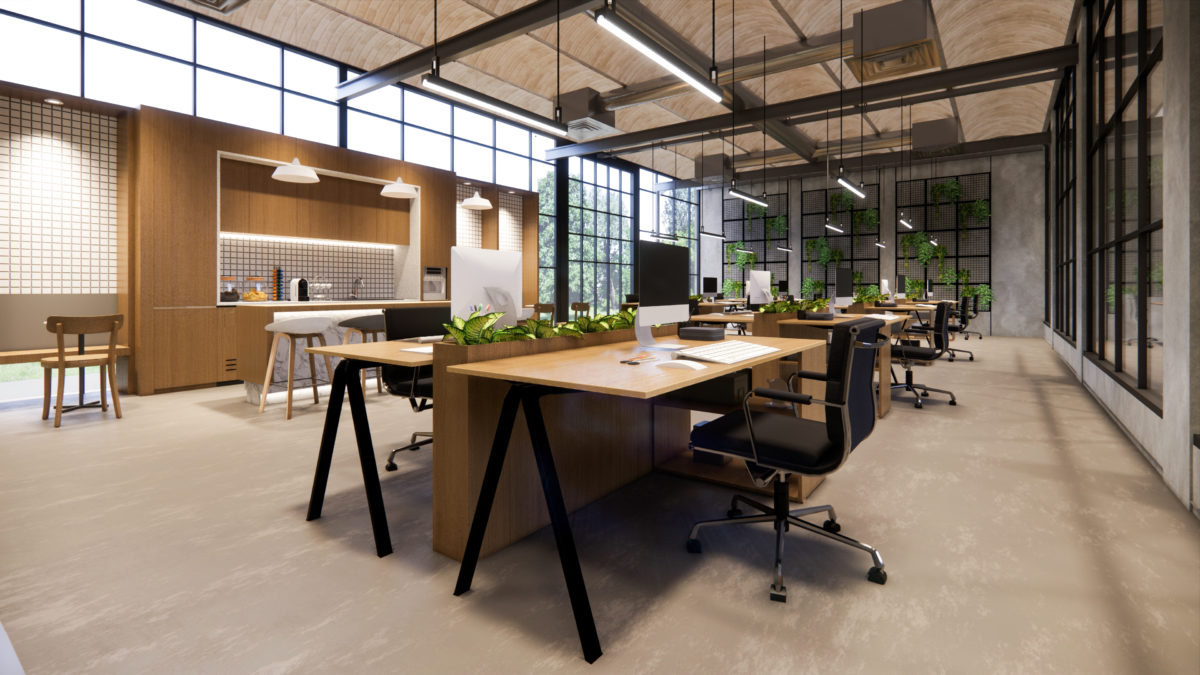 Interior Empty Modern Loft Office open space modern office footage.Modern open concept Lobby and reception area meeting room design.3d Rendering .