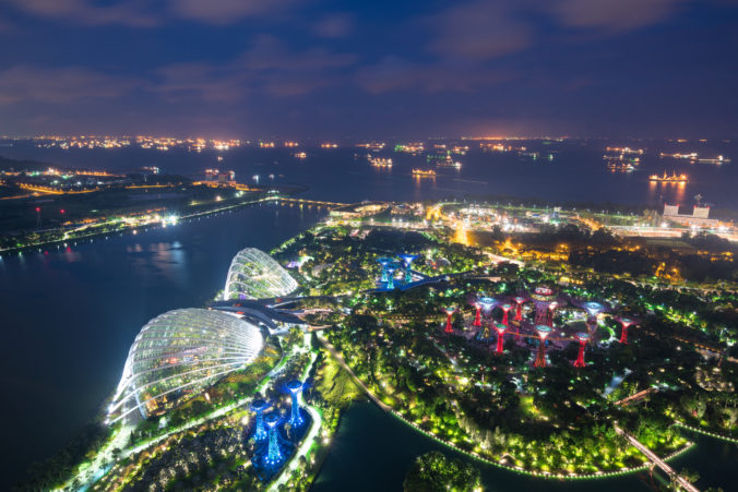 Aerial night view of Singapore Gardens near Marina Bay in Singapore in night.