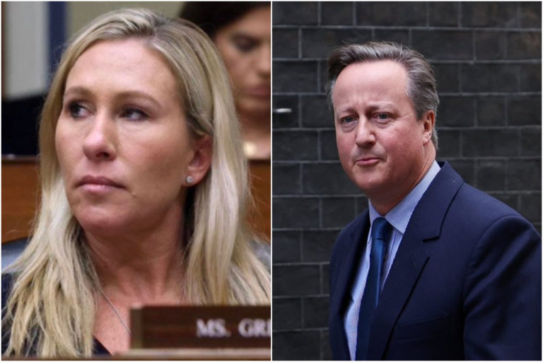 Britský minister zahraničných vecí David Cameron, republikánska kongresmanka Marjorie Taylor Greene
