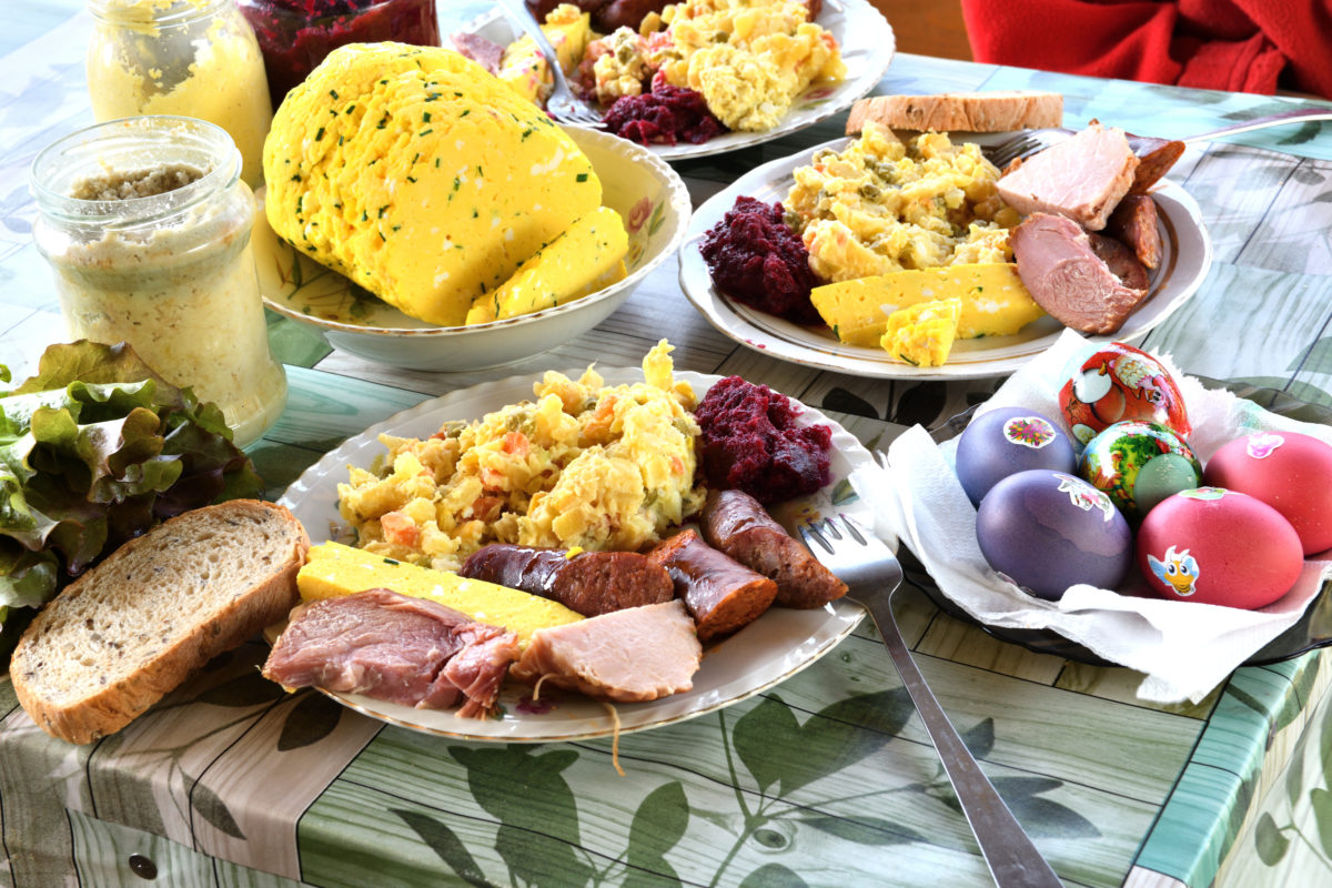 Typical Slovak Easter food, sacred cheese, ham, eggs, sausage and beetroot