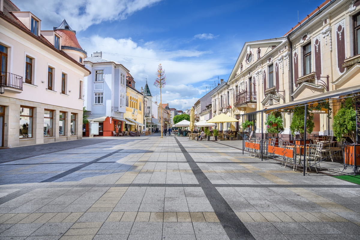 Pedestrian zone with historical buildings in centre of spa town Piestany (SLOVAKIA)