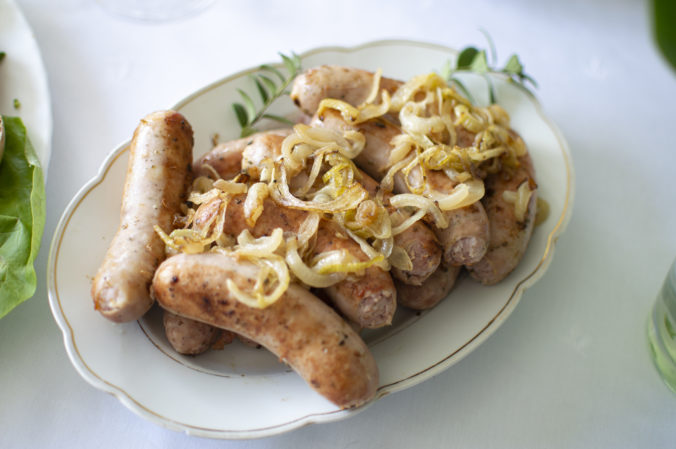 Classic polish easter breakfast white sausage with onion