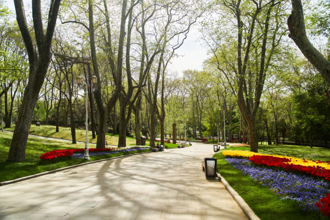 The paths of Gulhane Park in Istanbul in spring. Fatih district
