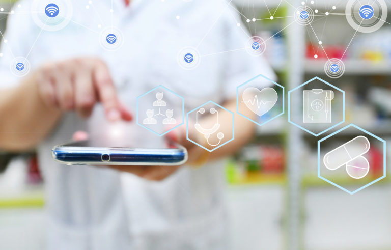 Pharmacist using mobile smart phone for search bar on display in pharmacy drugstore shelves background.