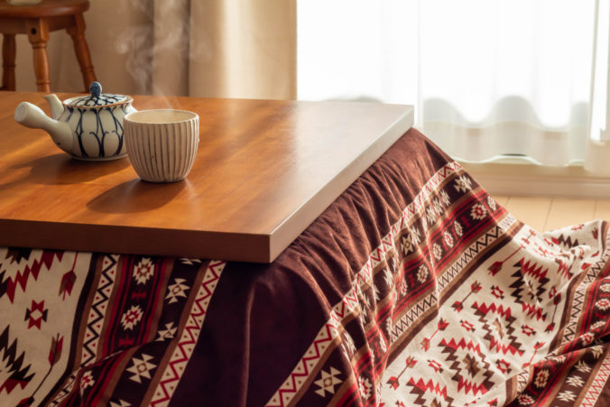 Tea placed on a kotatsu in a living room with windows