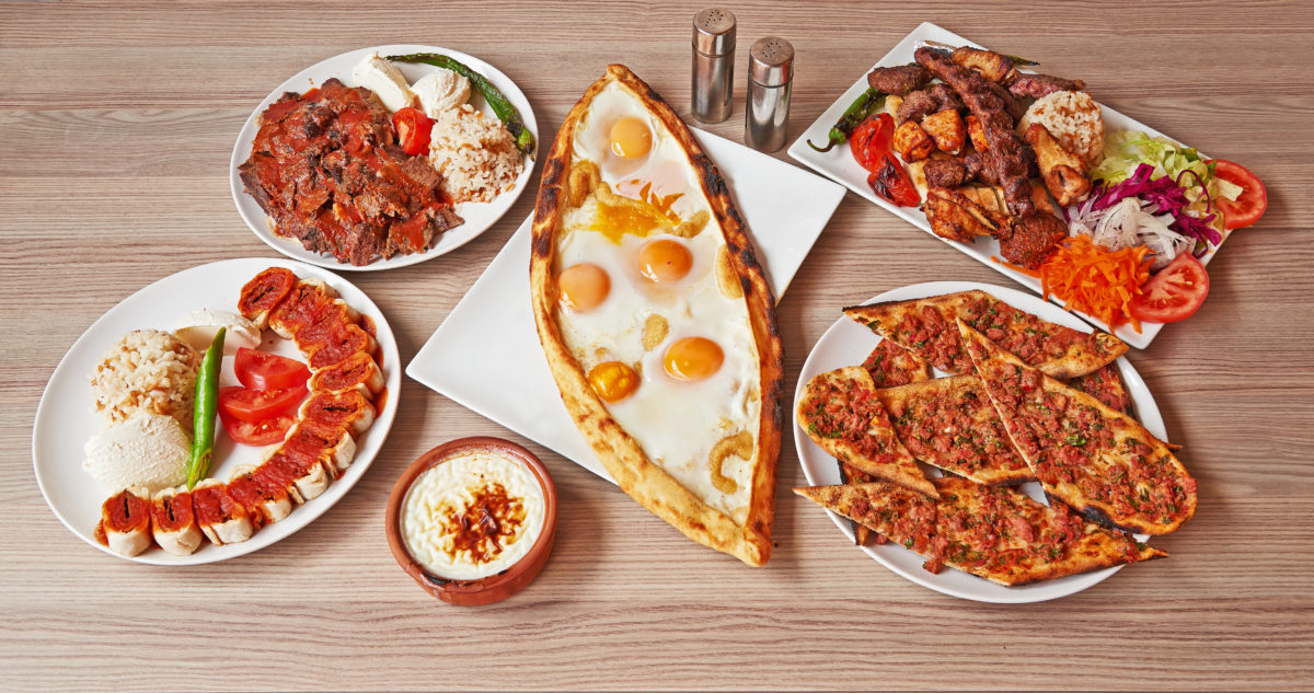 Composition of Turkish food view from 45 degress