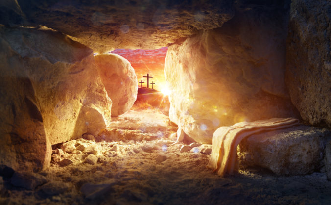 Resurrection Of Jesus Christ - Tomb Empty With Shroud And Crucifixion At Sunrise