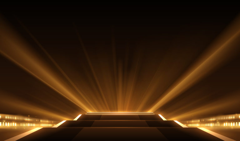 Abstract golden light rays scene with stairs