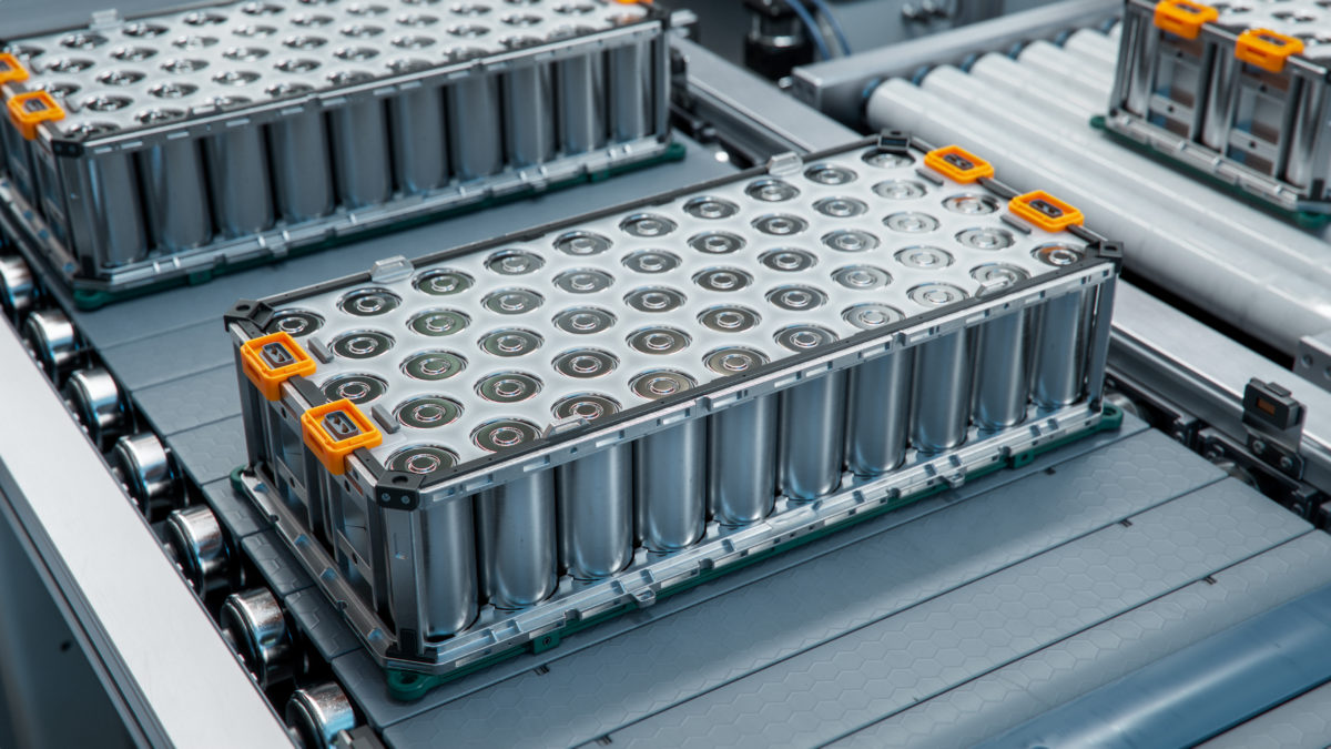 Lithium ion High voltage Battery Component for Electric Vehicle or Hybrid Car. Battery Module for Automotive Industry on Production Line. High Capacity Battery on Conveyor.