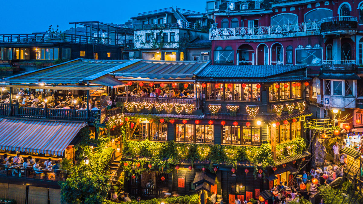 Aerial view of Jiufen Old Street, night scene of Jiufen village in Taipei, Taiwan.