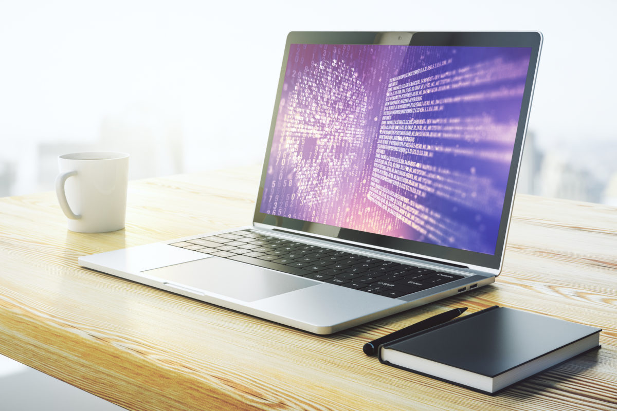 Creative code skull hologram on modern computer monitor, cybercrime and hacking concept. 3D Rendering