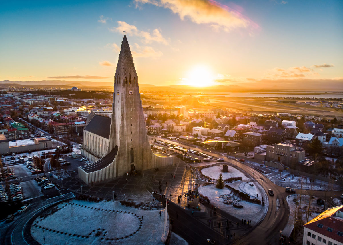 Hallgrimskirkja church and Reykjavik cityscape in Iceland aeria