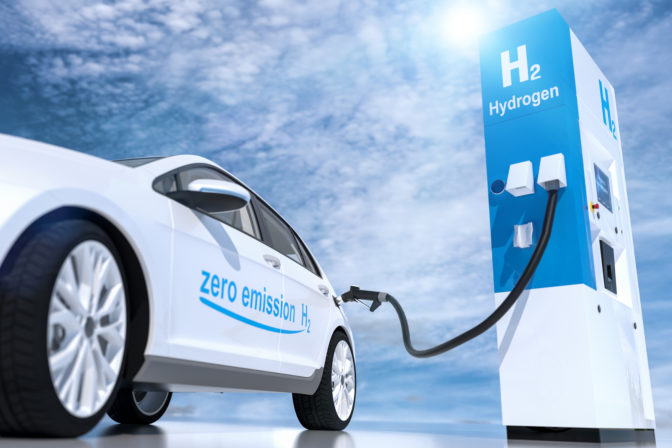 Hydrogen logo on gas stations fuel dispenser. h2 combustion engine for emission free ecofriendly transport