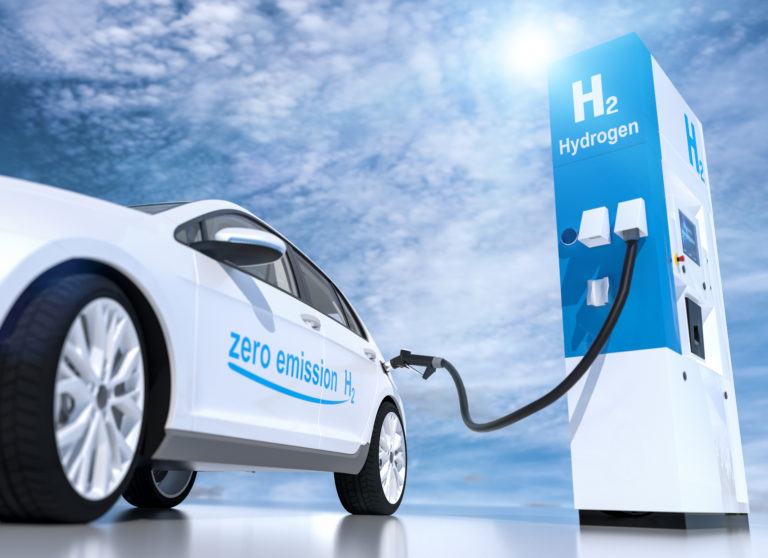 Hydrogen logo on gas stations fuel dispenser. h2 combustion engine for emission free ecofriendly transport