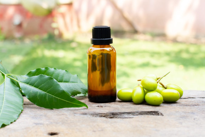 Essential neem oil in bottle glass for healthy.