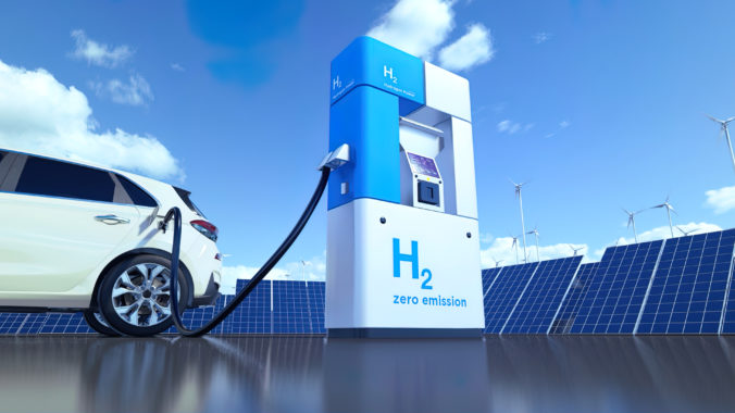 Hydrogen renewable energy production - hydrogen gas for clean electricity solar and windturbine facility. Clean energy. Zero emission. Gas tank. Energy storage. 3d rendering.