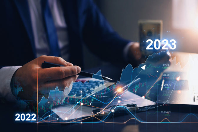 Business  increase arrow graph corporate future growth year 2022 to 2023. Planning,opportunity, challenge and business strategy.