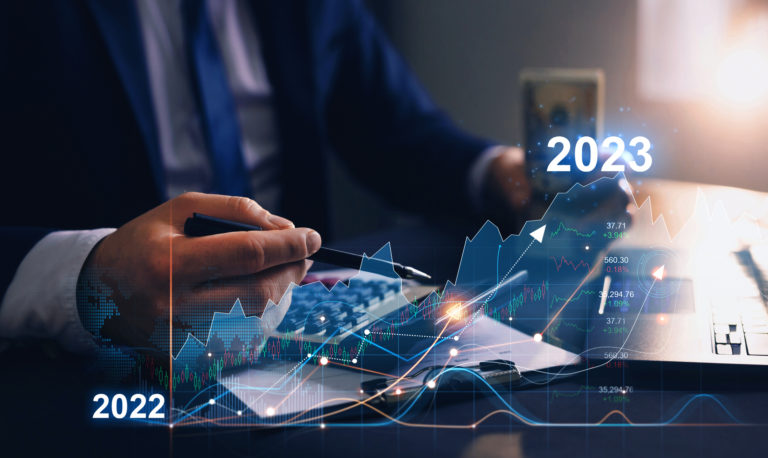 Business  increase arrow graph corporate future growth year 2022 to 2023. Planning,opportunity, challenge and business strategy.