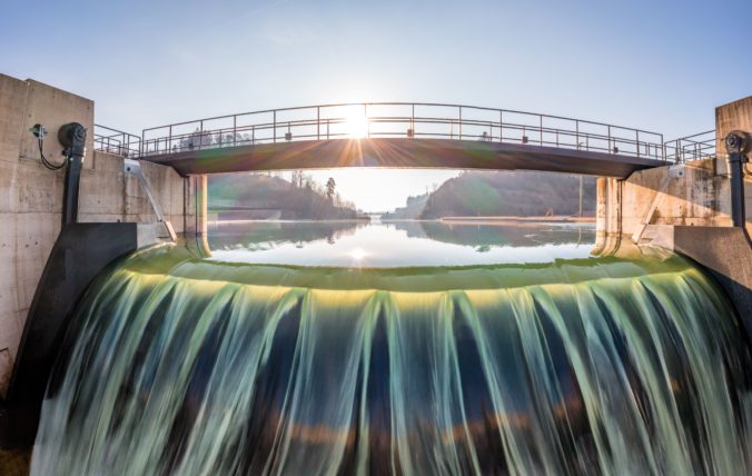 Long time exposure of the river Aare at the hydroelectric power plant Hagneck at the lake Biel