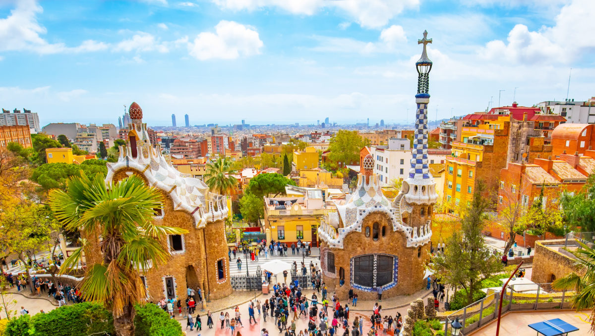 Park Güell and Barcelona city scenic skyline, Spain