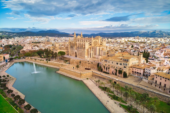 Aerial view of the Palma de Mallorca Cathedral and other buildings in Majorca, Spain