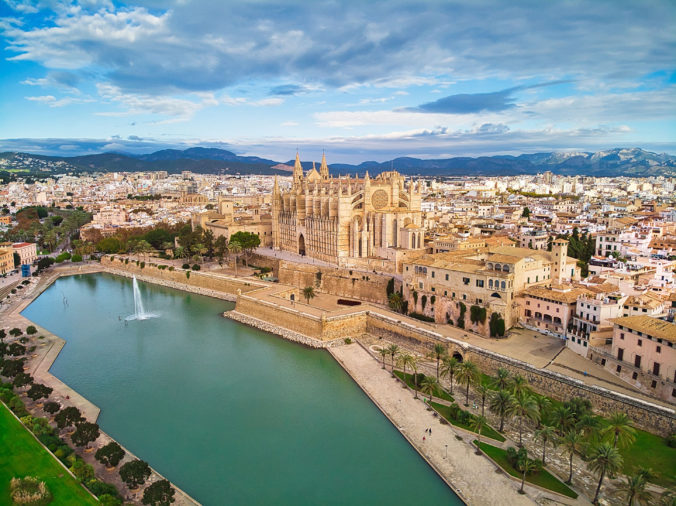 Aerial view of the Palma de Mallorca Cathedral and other buildings in Majorca, Spain