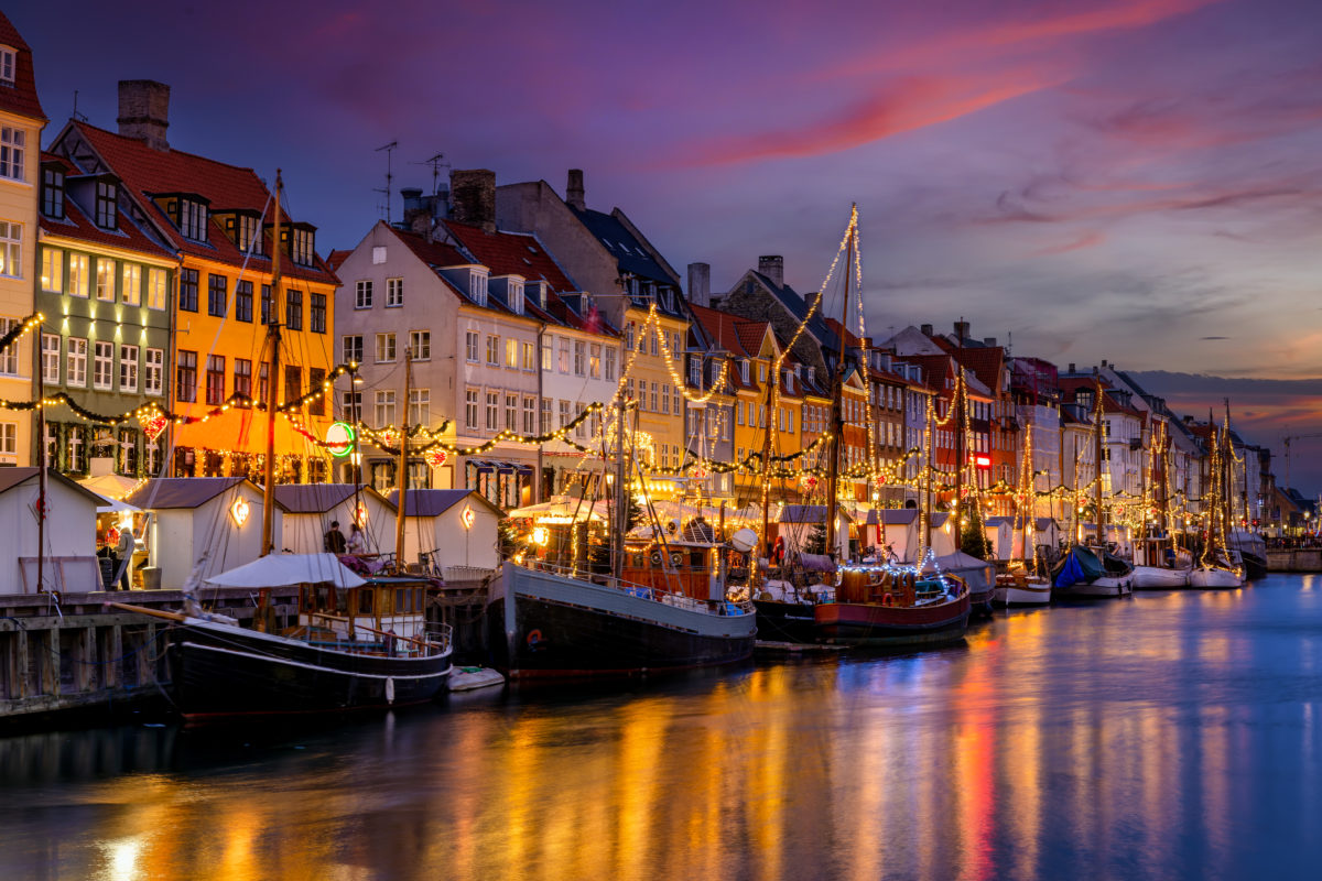 Beautiful winter sunset view of the popular Nyhavn area at Copenhagen