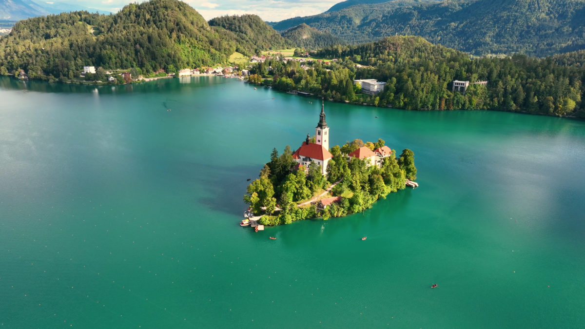 Lake Bled on a beautiful autumn day with clouds. Lake Bled, Slovenia.