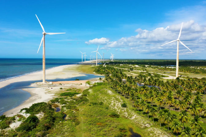 Northeast Brazil. Aeolian turbine at Beach at Ceara state. Wind farm field.