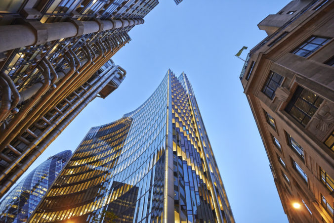 Commercial office buildings exterior. Evening view at bottom sky