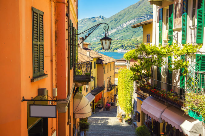 Picturesque and colorful old town street in Bellagio city in Italy
