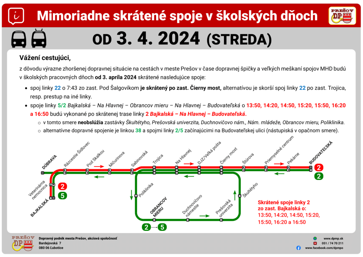 Mimoriadne skrátené spoje v Prešove od 3. apríla 2024