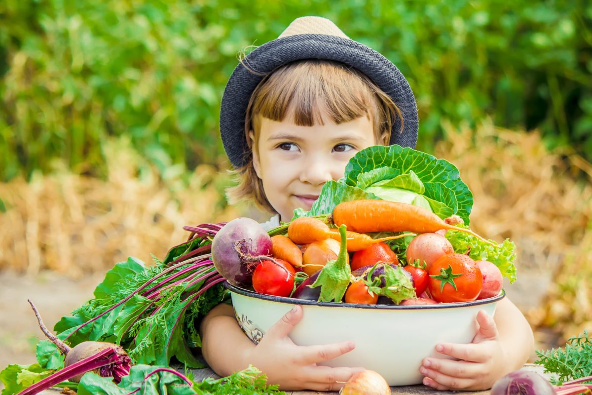 Child and bio vegetables on the farm. Selective focus.