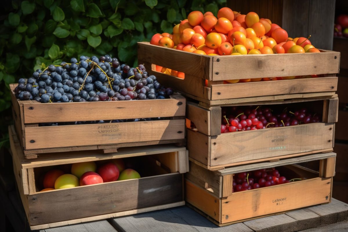 A stack of wooden crates filled with freshly picked fruit