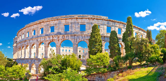 Arena Pula historic Roman amphitheater panoramc green landscape view, Istria region of Croatia