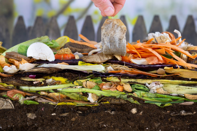 Male hand adding a biodegradable teabag to a compost heap