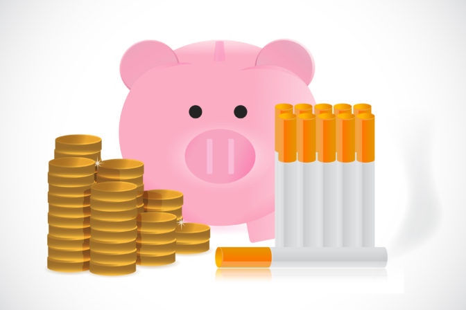 Piggy bank and cigarettes illustration