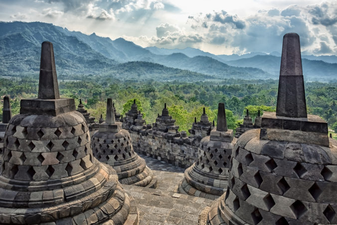 Borobudur complex in central Java, Indonesia