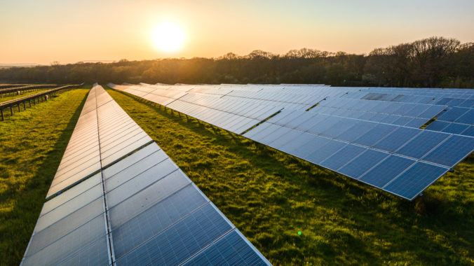 Solar power farm in the evening.