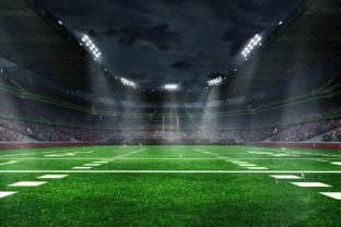 American football arena with yellow goal post, grass field and blurred fans at playground view. 3D render. Flashlights