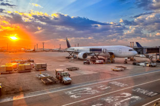 Aircraft at dawn at São Paulo airport. Travel concept.