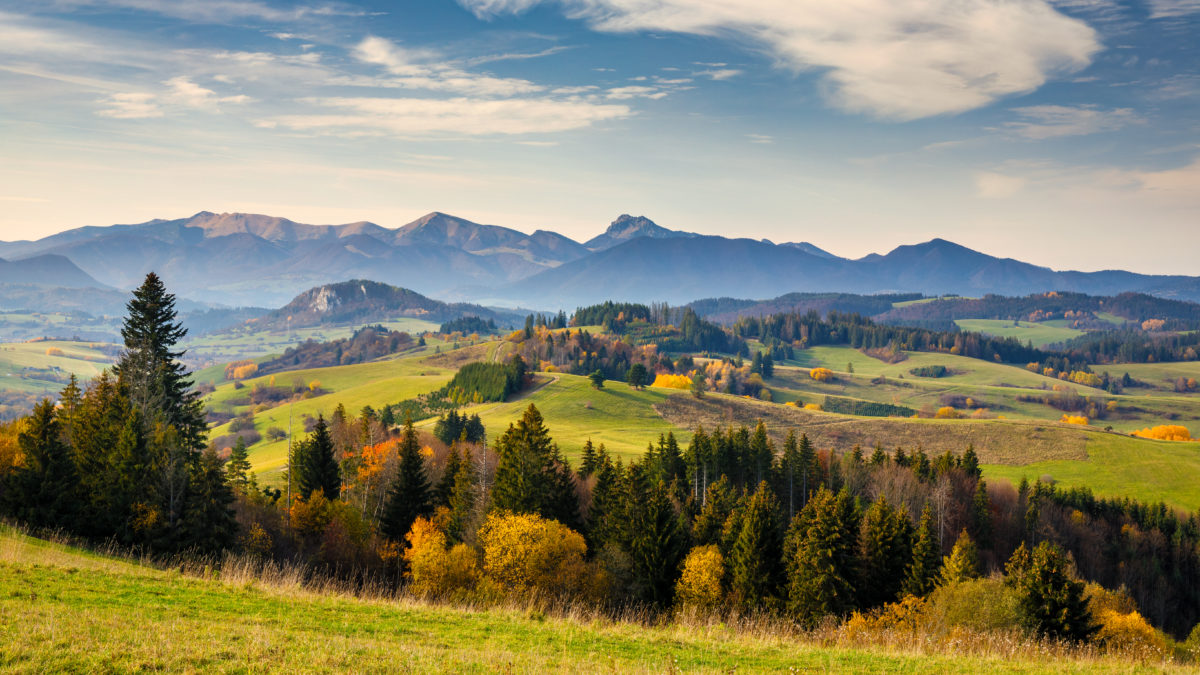 Autumn sunny rural landscape with mountains at background.