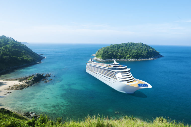 3D Cruise Ship in Beautiful Ocean with Blue Sky