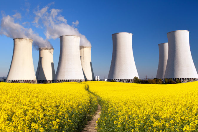 Nuclear power plant, cooling tower, field of rapeseed