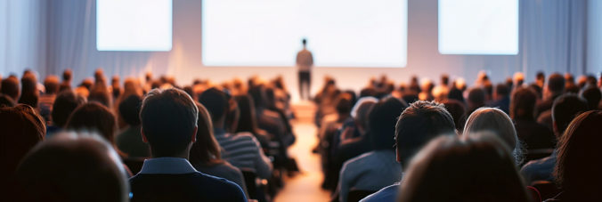 Image from behind of an audience member watching a person giving a speech on stage in a large venue.