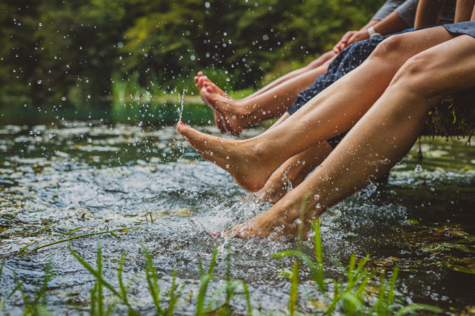 Women splashing feet in water