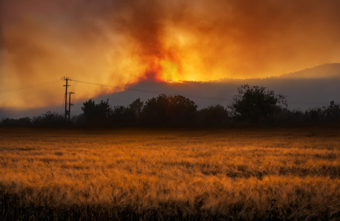 Rural landscape with dramatic wildfire at night