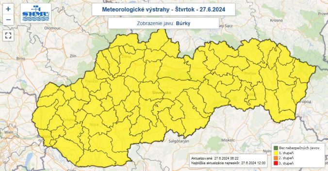 Výstraha prvého stupňa pred búrkami vydaná na štvrtok 27 júna 2024